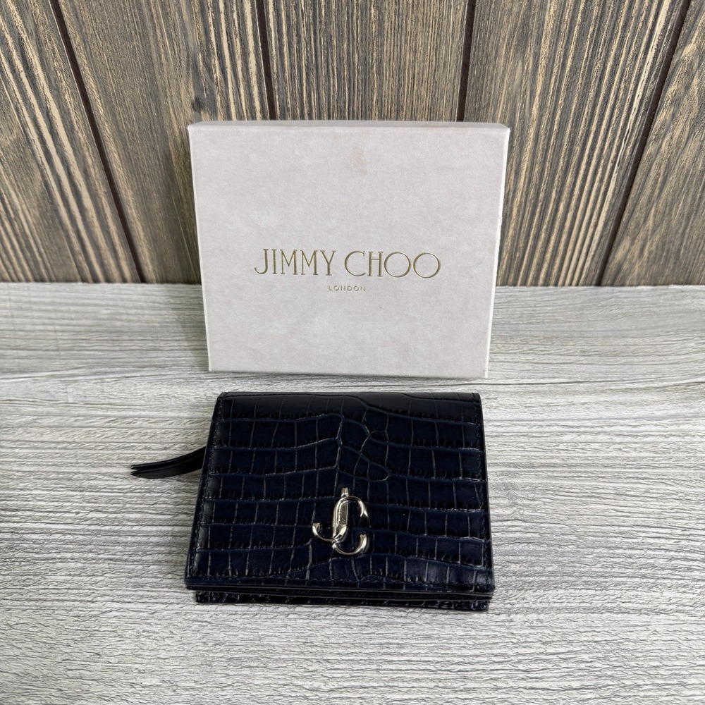 Jimmy Choo Hanne Navy Blue Croc Embossed Leather Compact Wallet Box Dust Bag